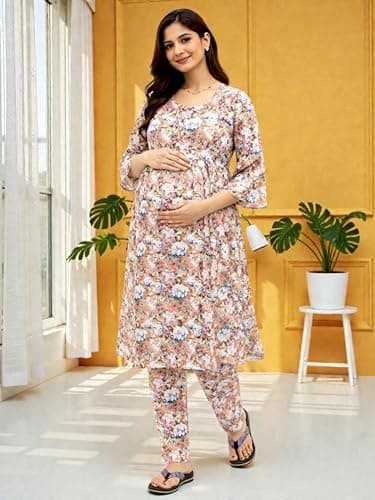 RITIJYA Polyester Feeding Kurta Pant Set for Women | Floral Anarkali Pregnancy Dress with Concealed Nursing Zipper Side Pocket | Pre & Post Partum | Maternity Baby Shower Outfit(9325_42, Pink Peach) 2