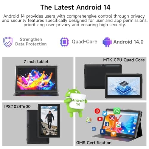 Vyrolinia 7 Inch Android 15.0 Tab PC RAM 8GB (3+5 Expansion) ROM 32GB IPS 1024x600 BT 5.0 WiFi6 2.4G + 5G 2MP + 5MP Dual Cameras YouTube Netfilx 2