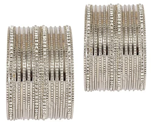 NMII Non-Precious Metal Base Metal with Zircon Gemstone Studded Worked Glossy Finished Bangle Set For Women and Girls, (Silver_2.4 Inches), Pack Of 52 Bangle Set