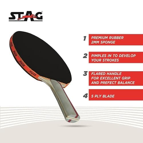 STAG ICONIC Ninja Power Advanced Table Tennis Racquet | 6-Ply Plywood Blade | Inverted Smooth Rubber | High Speed Spin Control | Flared Handle | for Advanced Players | Red/Black 3