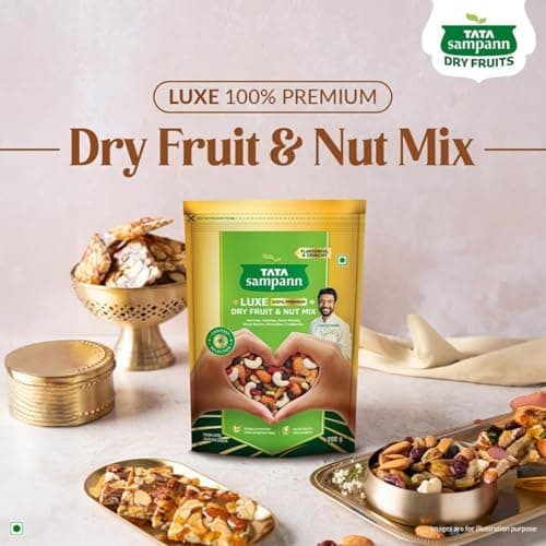 Tata Sampann Luxe Dry Fruit & Nut Mix, 200g, Source of Protein, Magnesium & Phosphorus, Rich in Dietary Fiber, Flavourful & Crunchy Snack, Almonds, Cashews, Green Raisins, Black Raisins, Pistachios, & 5