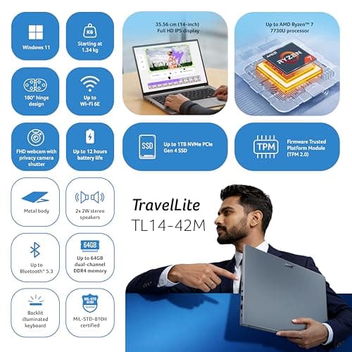 acer AMD Ryzen 7 7730U Processor, 16GB DDR4 RAM, 512 GB SSD, Full HD IPS, 14”/35.56 cm, Windows 11 Home, Silver, 1.38 kg, TL14-42M, Backlit KB, Fingerprint Reader,TravelLite Business Laptop 2
