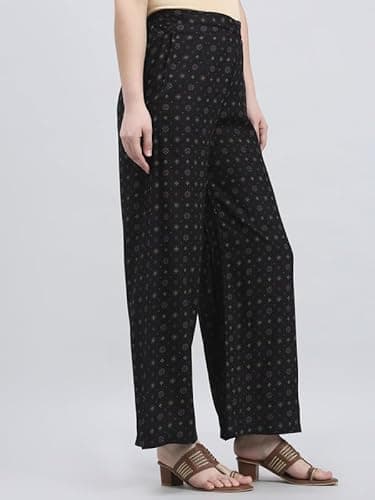GO COLORS Soft Viscose Printed Palazzo Full Length for Women| Breathable, Mid Rise, Black 3