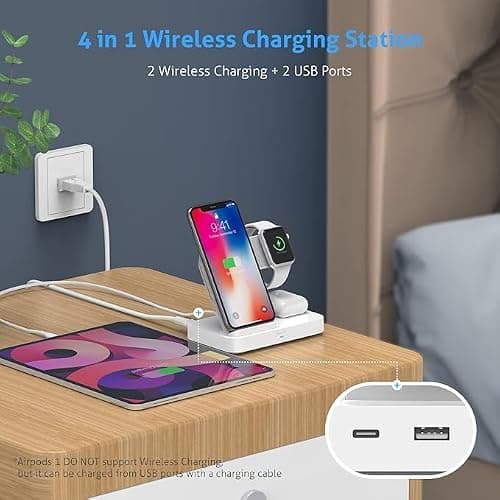 3 in 1 Wireless Charging Station with 2 USB Ports, Magnetic MagSafe Wireless Charger for iPhone 17/16/15/14, Apple Watch & AirPods, Fast Charging Station, QI Certified 15W max Wireless Charger Stand 3