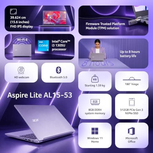 Acer Aspire Lite 13th Gen, Intel Core i3-1305U, Office 2024 + M365 Basic, 8GB DDR4 RAM/512GB SSD, 39.62cm 15.6" FHD IPS Display, Win 11 Home, Steel Gray, 1.59 Kg,AL15-53, Thin & Light Laptop 2