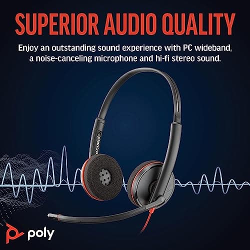 Poly (Plantronics) Blackwire 3220 Stereo Headset, On Ear w/Noise-canceling mic, 118g, Connect to Mobile/Tablet via USB-C/A, Lightweight Metal Headband, Dynamic EQ, Hi-Fi Stereo, Black, 9P7X8AA 2