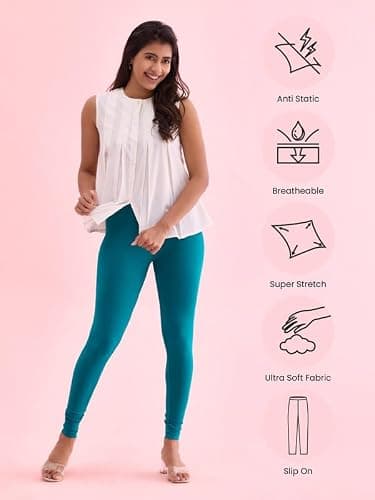 GO COLORS Soft Cotton Stretch Ankle Length Leggings for Women | Breathable, Mid Rise, Jade Green 3