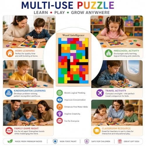 Wooden Russian Blocks Puzzle for Kids & Adults, 40 Pcs Multicolor Wood Tangram Brain Teaser, Educational Shape Sorting Puzzle Toy for Ages 3+ Years 4