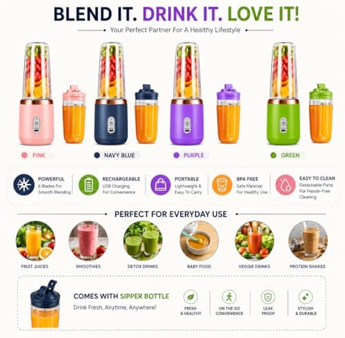Juicer for Home Portable Blender Electric Juicers Fruit Mixers USB Rechargeable Smoothie Mini Personal Juicer 6 Blades 3Gears with 1500 Mah Rechargeable Battery-Smoothie Blender. 3