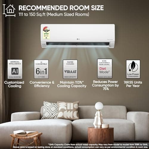 LG 1.5 Ton 3 Star, New star rated, Smart Inverter Split AC (Copper, AI Convertible 6-in-1, Faster Cooling & Energy Saving, Diet Mode+, HD Filter with Anti-Virus Protection,Him Clean, AS-Q18JNXE,White) 3