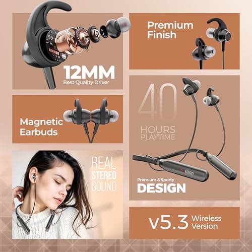 UBON BT 5200 Wireless 40 Hrs Playback, Dual Pair, Fast Charge, Magnetic Buds, Bluetooth Neckband with Mic (Black) 2
