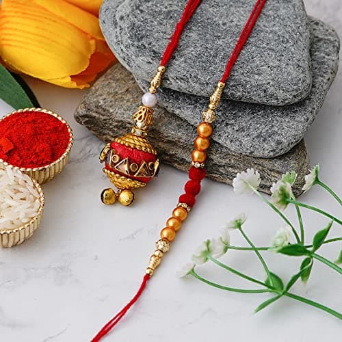 eCraftIndia Gota Patti Work Bhaiya Bhabhi Rakhi Set with Best Bro Ever Fridge Magnet and Roli Chawal Pack 2