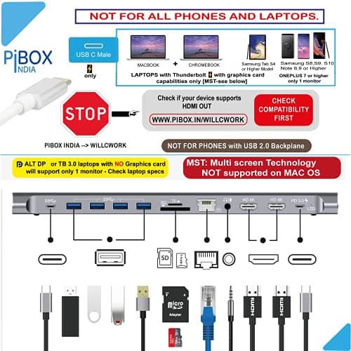 PiBOX India, 12 in 1 USB-C Docking station MST Heat Vents 2*HDMI 4K, 2*USB-C, 4*USB 3.0, Gigabit port, SD/TF Card Readers and 3.5mm Audio for MacBook/Pro/Air, iPad Pro, Laptops, Mobile Phones(Platinum 2