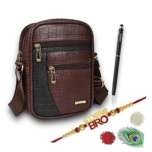Pramadda Pure Luxury Stylish Vegan Leather Sling Messenger Bag For Men | Special Rakhi Rakshabandhan Gift For Brother | Rakhi For Brother Combo Gift Set.