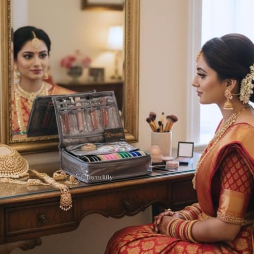 Trendifly Laminated PVC Travel Jewellery Storage Organiser Bags for women Earrings Rings Bracelet With 4 Transparent Pouches 1 Rod For Bangle and Large Cosmetic Makeup Brush (Blue) 6