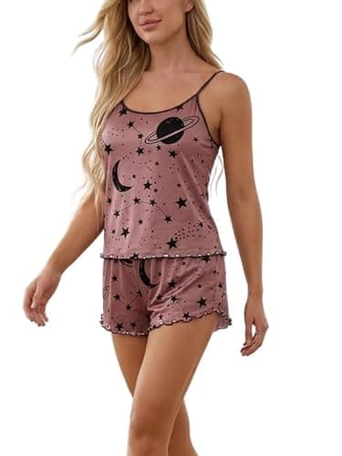 Stylbase Printed Stylish Women Pajama Set Lingerie Night Suit Above Knee Sleepwear Night Dress Babydoll Short top and Pajama Set Nightwear for Holiday Travel (Dusky Pink)