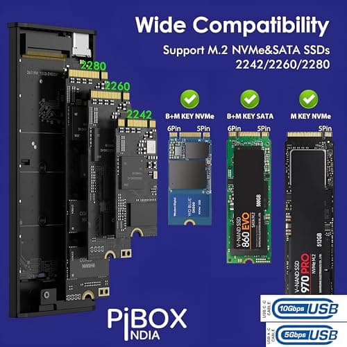 NVME M.2 Fan Enclosure, PiBOX India Dual protocol NVMe/NGFF SATA SSD Enclosure Smart Fan- USB 3.2 10Gbps, Tool-Free M.2 NVMe Case, PCI-E NVMe to USB-C, Supports M, B&M Keys 2230/2242/2280 SSD RTL9210B 5