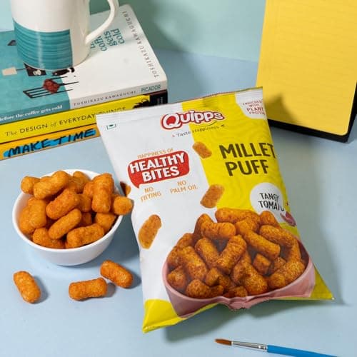 Quipps Millet Puff Tangy Tomato | Non-Fried Roasted Millet Snack | High Fiber & Plant Protein | Gluten Free, Vegan, Non-GMO | No Preservatives, No Palm Oil | Light & Crunchy Healthy Snack for Office & 5