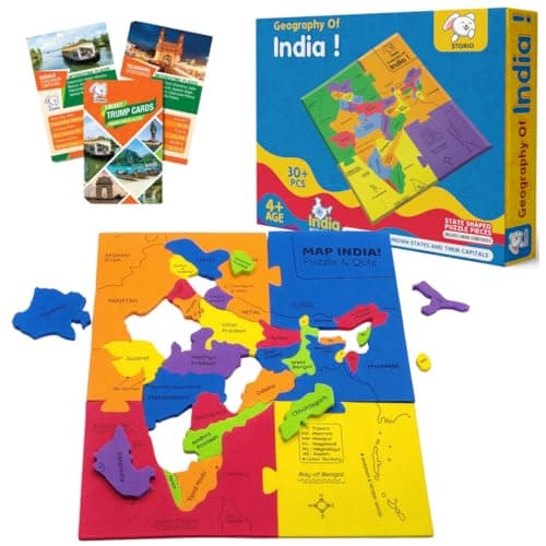 Storio EVA Foam Geography of India Map Puzzles for Kids with Trump Fact Cards for Playing Learning & Educational Toys - Jigsaw Puzzles for Kids Ages 4-8 - Gift for 4, 5, 6, 7, 8 Year Old Boys & Girls