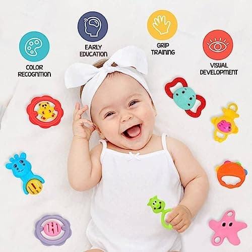 Storio Baby Products Toys 7 Pcs Rattle Set with Teathers for New Born Baby Gifts, Toy for Babies, Non-Toxic 3