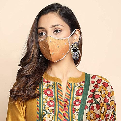 MASQ By Q-One Shubh 4 Layer, Reusable, with Ear Adjusters, Anti-Bacterial (BFE>99%) Embroidered Cotton Cloth Face Mask Combo for Women, Girls (Large, Black-Red-Gold, Pack of 3) 5