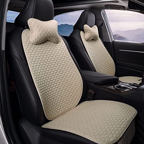 Hukimoyo 6-in-1 Car Seat Cover Protector Mat with Neck Pillow, Breathable Cotton Linen Anti-Slip Driver Seat Protector, Universal Fit Front & Bottom Seat Cover for Car, SUV & Truck with Pocket