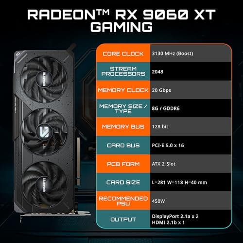 GIGABYTE Radeon RX 9060 XT Gaming 8G Graphics Card, PCIe 5.0, 8GB GDDR6, GV-R9060XTGAMING-8GD Video Card 2