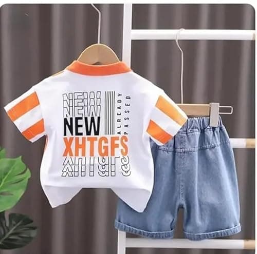 Shree Shyam Textiles Kids Clothes for Boys | Striped Printed Polo Tshirt and Denim Shorts Clothing Set for Baby Boys | Stylish Kids wear (Orange, 9-12 month) 2