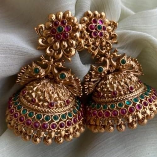 Traditional Antique Gold Jhumka Earrings with Pink and Green Stones, Floral Design matt finish jimiki stone model 2