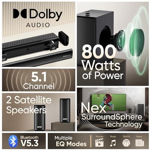 Mivi Nex 800 Dolby Audio Soundbar [New Launch]| 800W Signature Sound | 5.1 Channel Surround Sound Home Theatre with Wired Subwoofer & Satellites| Nex SurroundSphere Tech| Bluetooth v5.3, 2