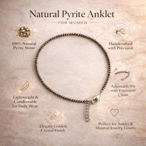 SD Decor Natural Pyrite Anklet for Women 9 Inch | Raw Pyrite Crystal Beaded Anklet with Adjustable Chain | Certified Healing Stone Jewelry for Protection, Prosperity & Energy 4