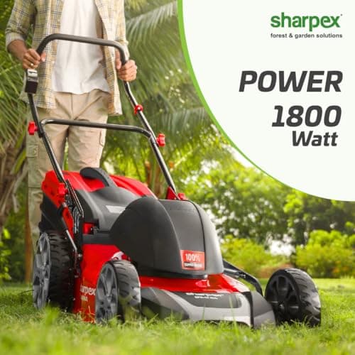 Sharpex 1800W Electric Lawn Mower 18 Inch Blade | Made in India | 70L Grass Catcher | 8 Cutting Heights (30–80mm) | Tools Kit Included | Suitable for 2,500–10,000 sq.ft | Single Phase 2.5HP Motor, Red 4
