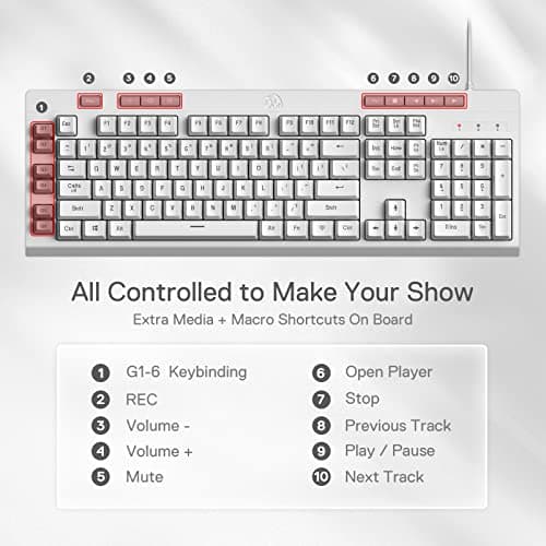 Redragon K512 Shiva RGB Backlit Membrane Gaming Keyboard with Multimedia Keys, Linear Mechanical-Feel Switch, 6 Extra On-Board Macro Keys, Dedicated Media Control, Detachable Wrist Rest, White 3