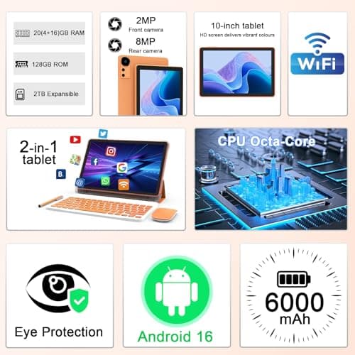 CUPEISI 10" Android 15 Tablet, 20GB RAM+128GB ROM/2TB Expandable for Tablet PC, 2 in 1 with Keyboard, 2.0GHz Quad Core HD CPU, Google 5G WiFi 6 BT 5.0 Certified 2