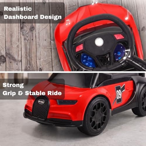 VINI TOYS Luxury Sports Car Ride On Car for Kids 1-5 Years, Foot to Floor Baby Car, Backrest, Steering Wheel, LED Lights, Music & Under Seat Storage (Red, Ride On Without Push Handle) 5