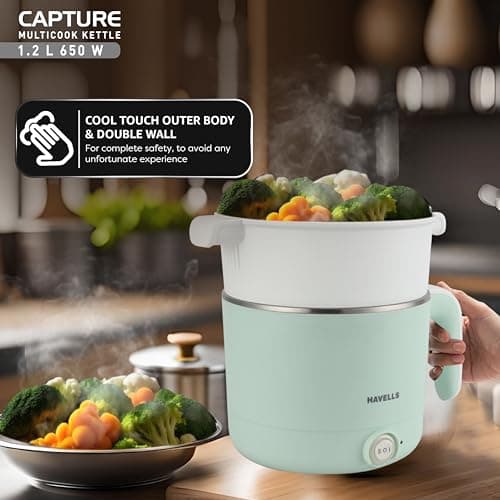 Havells Capture 1.2 L Multi-Cook Electric Kettle with Steamer | 650W |304 Stainless Steel Inner Body|Cooks Noodles, Rice, Milk | Cool-Touch Body | 2 Years Door Step Warranty by Havells (Green) 3