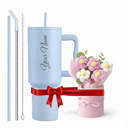 1200ml Steel Insulated Tumbler with Straw | Personalized Tumbler + Crochet Flower Bouquet Gift for Birthdays, Weddings, Anniversaries – Gift for Women, Men, and Girls (Blue + Bouquet)