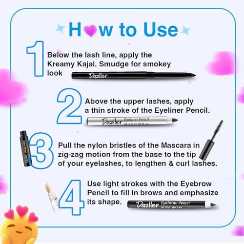 Dazller College Makeup Essentials 4 - Eyes on Point|Kajal|Mascara|Eyeliner|Eyebrow|Water-Resistant|Smudge-proof|Starter Makeup Kit for Women|6.85g 4