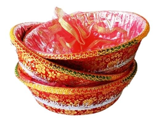 LIELA Decorative Gift Basket, 14" round Set of 6, for Diwali, Rakhi, Wedding, Navratri and any Occasions, pack variety of items waffers, chips, namkeen, juices, fruits, sweet etc. Premium Gift Hamper. 5