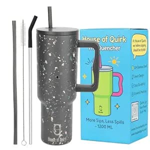 House of Quirk 1200ML Stainless Steel Tumbler with Handle & Lid, 2 Straws – Large Travel Mug Water Cup for Gym, Office & Outdoor Use (Grey Paint)