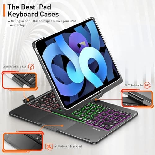 BESTOR Tablet Keyboard Case with Touchpad – 360° Rotatable Backlit Bluetooth Keyboard Cover with Trackpad, Magnetic Detachable Case, Compatible with 2020/2022 Air Tablet – Rainbow LED, Black 2