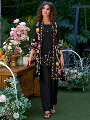 INDO ERA Women's A-Line Silk Blend Floral Embroidered Kurta with Shrug and Palazzo Set (Black_IEOUT10576_Small) 2