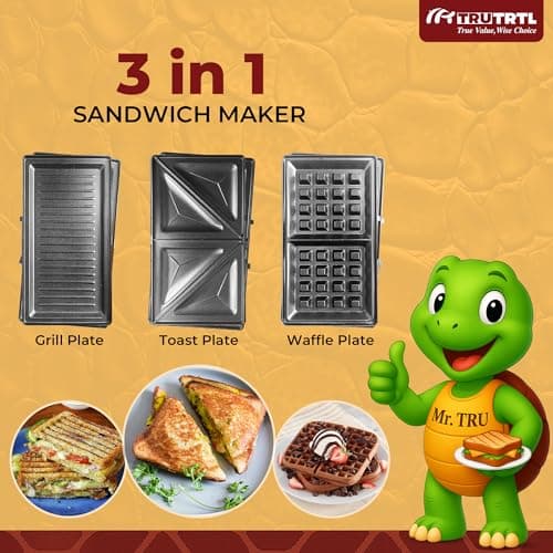 Mr. TRU 3 in 1 Grill, Sandwich, Waffle Maker Machine | Electric Bread Griller and Toaster | Non-Stick Coating Removable Plates | 800W (Auto Cut-Off), Black | 2 Years Warranty | Perfect for Gifting 3