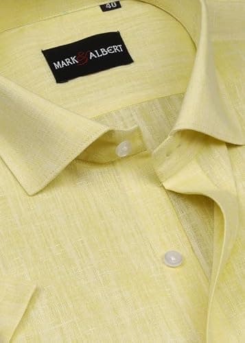 MARK & ALBERT Men's Half Sleeve Cotton Linen Shirt Yellow 4