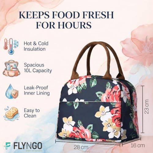 FLYNGO Nylon Large Insulated Lunch Bag for Office Men, School, Women, Tiffin Pouch Bag, Hot & Cold Lunch Box Bags for Boys, and Girls (Blue Rose), 10 Liters 3