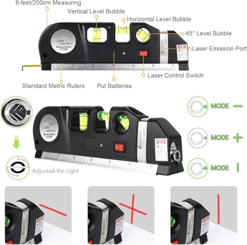 Corceptive Laser Level Pro 3 with Measuring Tape 8FT (2.5m) | Multi-Function Laser Level Tool with Horizontal & Vertical Alignment, Built-in Ruler, Bubble Level (lesar leval patti) 2