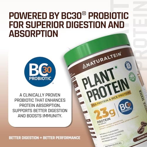 NATURALTEIN Plant Protein – 23g Clean Protein per Serving with BC30 Probiotic | Natural Coffee Flavour | Supports Strength, Energy & Gut Health | No Added Sugar | 100% Vegan, Natural & Easily Digestib 5