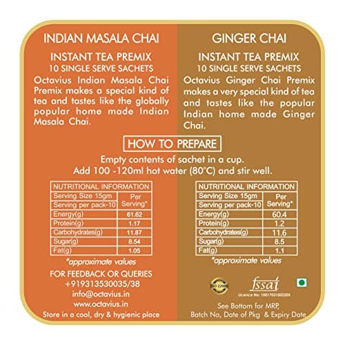 Octavius No Added Sugar Indian Masala Chai Premix 25 Sachets | Low Sugar Instant Beverage | Authentic Indian Spice Blend | 1-Minute Recipe Ready Mix | Convenient Single-Serve Pouches | Economy Value P 2