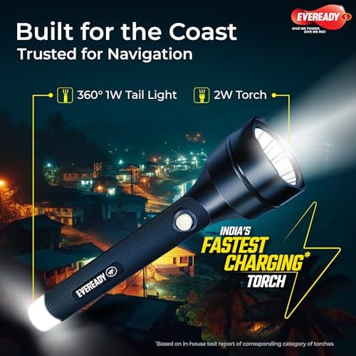 Eveready Navlite DL140, Rechargeable 2W Led Torch + 1W Emergency Tail Light, Metallic Finish, Type B/Micro USB Charging, Overcharge Protection, Powered By BIS Certified Li-Ion Battery 3