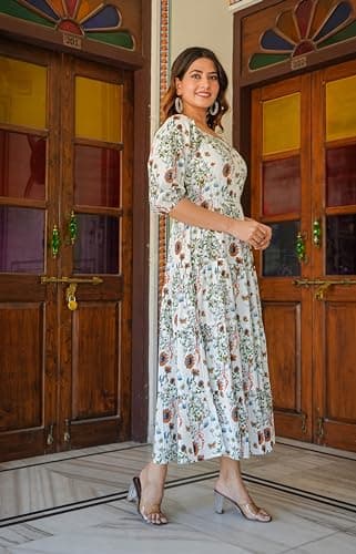 Yash Gallery Women's Maxi Rayon Floral Printed Tiered Style Dress (White, 5XL) 2